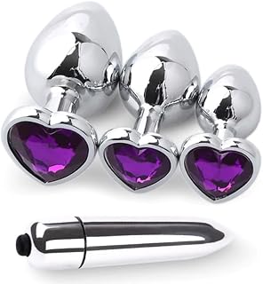 Anal Plug Trainer Set with Three Sizes of Heart Shape (Dark Purple) Jewel Handles Stainless Steel Butt Plugs with Bullet Vibrator, Anal Sex Toys for Men Women Couples