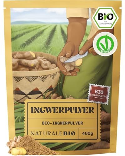 NaturaleBio Ingwerpulver Bio 400g. Ingwer Shot Pulver 100% Reine Ingwerwurzel gemahlen. Ohne Gentechnik ohne Zusätze nachhaltig aus Peru. Ideal für Kochen Tees Smoothies & Wellnessbehandlungen