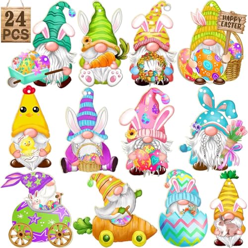 AOTOPYU Pendente Pasquale in Legno, 24 Pezzi Piccoli Gnomi Pasquali Decorativo da Appendere, Decorazioni pasquali in Legno, Ciondoli per Albero di Pasqua, Appeso Pezzo di Legno Dipinto