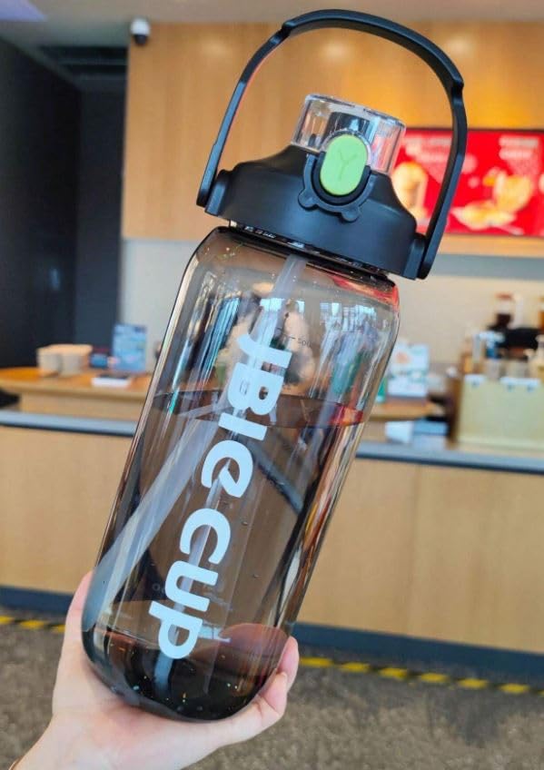 Drofail Big Water Bottle 3 Liter with Straw Clear Motivational Time Marker Drink XL Jug with Handle for Sports Gym-Black