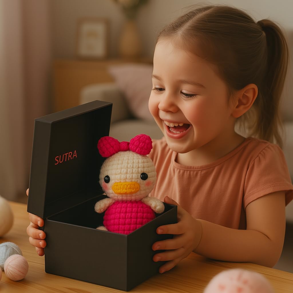 Sutra Handmade Crochet Duck with Pink Bow – Cute Amigurumi Animal Décor, Soft Yarn Collectible
