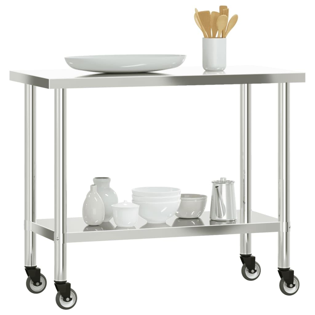 Mangloder Mesa de trabajo de cocina con ruedas de acero inoxidable 110 x 55 x 85 cm, mesa de trabajo duradera para gastronomía, restaurante, catering, aperitivo, cantina, hotel, bar, bistró, con