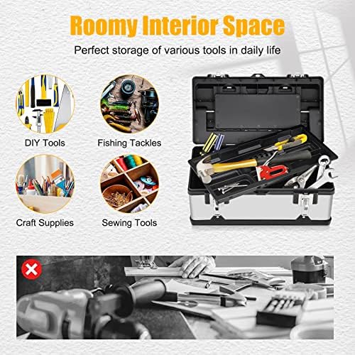 GiantexUK Stainless Steel Tool Box, 19inch Portable Toolbox Storage Case with Removable Tray, Multi-Function Tool Chest Parts Storage Organizer