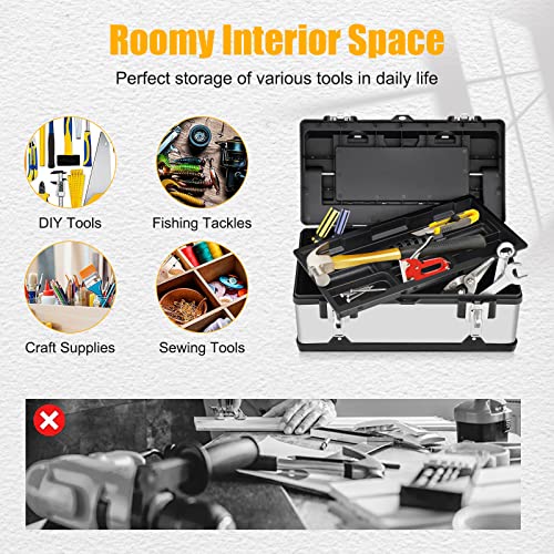 Goplus Tool Box, 18-Inch Portable Toolbox Storage Organizer With Handle & Removable Tray For Home Garage Warehouse Workshop, Stainless Steel+Pp #TOP7