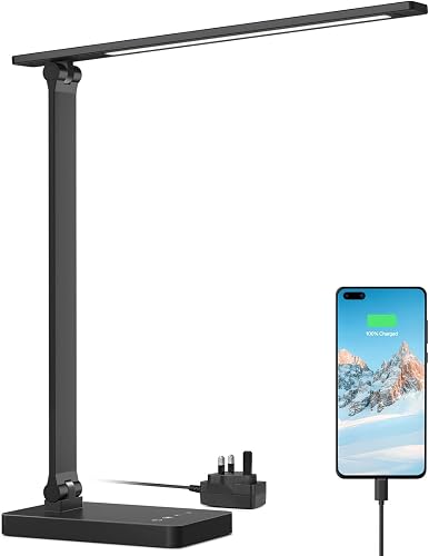 Lepro LED Desk Lamp, Desk Lamp with USB Charging Port, 655lm, Eye Caring Desk Lamps Office, 5 Brightness Levels x 3 Colour Mode, Touch Control Daylight Lamp for Office, Study, Bedroom, Back to School