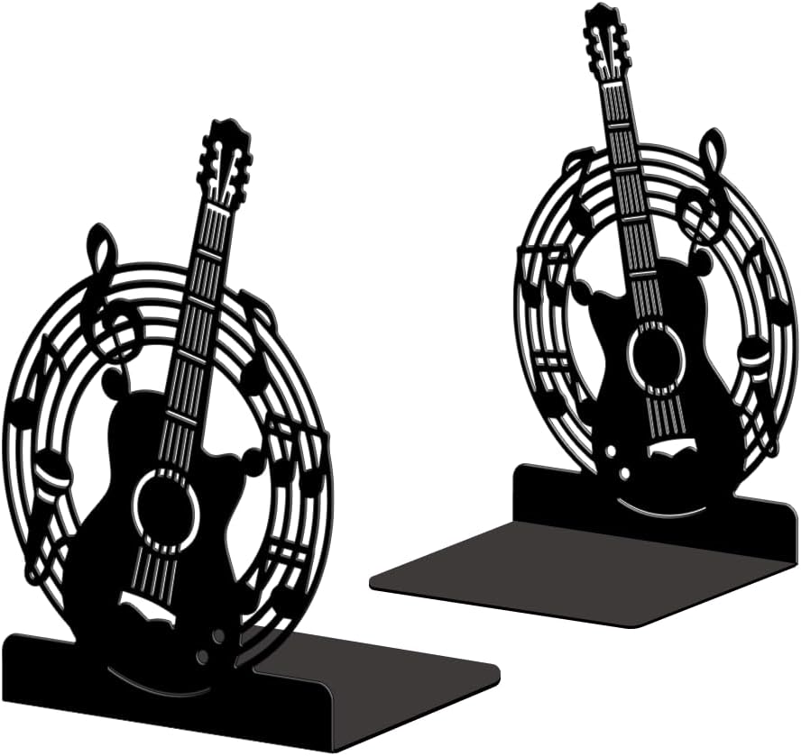 Peacoblue Metal Bookends for Shelves, Modern Decorative Heavy Duty Study Book Ends Stoppers for Office Desk Shelf, Room 4.7"x3.5"x7.1" Cast Iron Tall Bookends 1 Pair (Guitar and Music Notes)