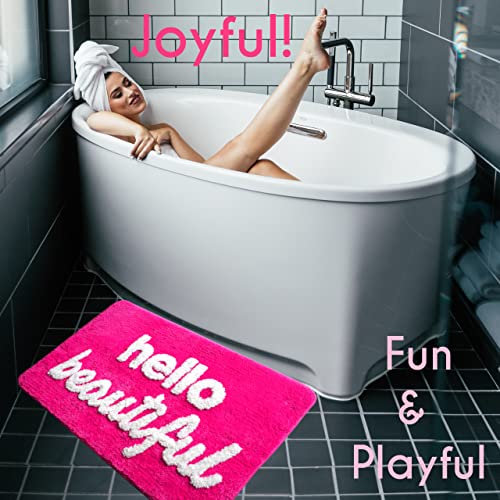 Evovee Hello Beautiful Bath Mat Hot Pink Peach Coral Magenta Cute Bathroom Rugs For Girls You Look Good Gorgeous Funny Shower Fun Bathroom Decor Non-Slip Washable Kids Women Dark Pink #TOP3