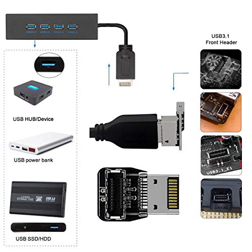 Xiwai 2pcs USB 3.1 Front Panel Header Male to Female Type-E Motherboard Extension Data Adapter, Black - Image 2