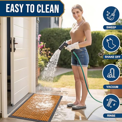 Image of Smiry Front Door Mat Outside Entrance, Heavy Duty Sturdy Natural Rubber Doormat, Trap Dirt and Moisture, Easy Clean Low Profile Mats for Indoor Outdoor Entry, Irregular Triangle (29.5x17, Amber)