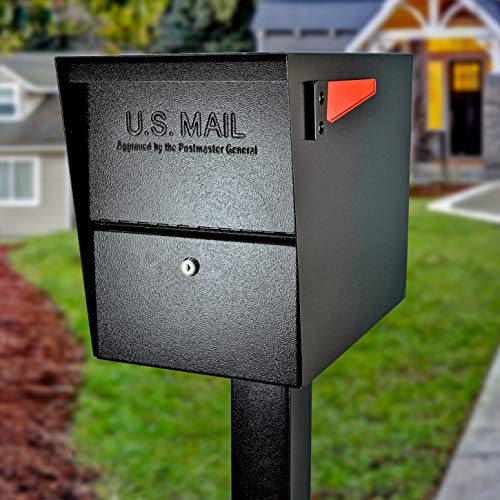 Image of Mail Boss 7206 Package Master Curbside Locking Security Mailbox | Medium, Black, Surface Mount Base Plate & In-Ground Mounting Post, 43 x 4 x 4 inches