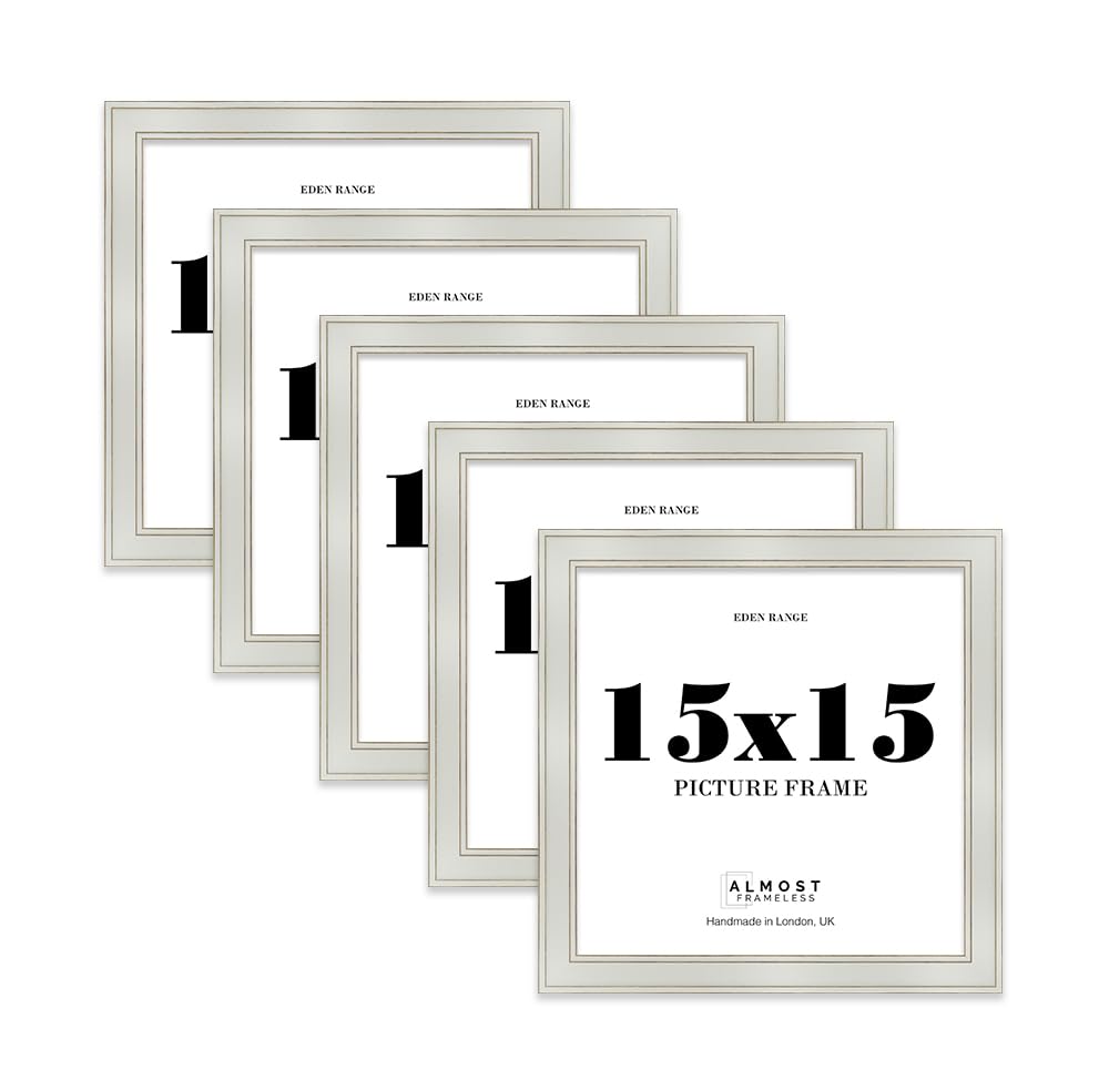 15x15 Light Grey Picture Frame - Shabby Chic Photo Frame with Distressed Finish, Gold Trim, Wall Hooks, 37mm Edge - 5 Pack