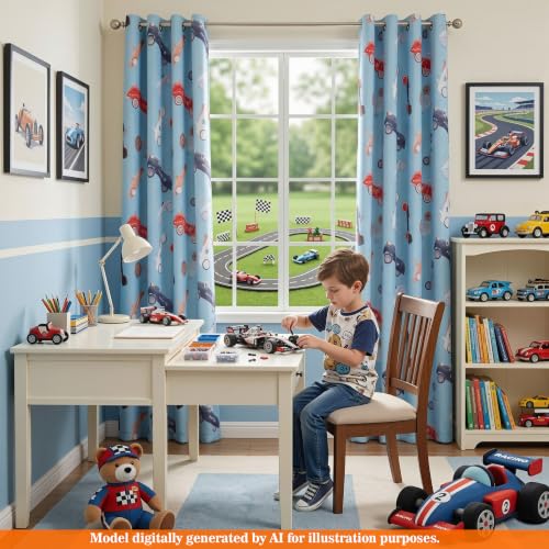 Image of MYSKY HOME 95% Blackout Blue Curtains for Boys Room 84 Inch Long 2 Panels with Car Printed Thermal Insulated Noise Reducing Grommet Drapes for Kids Bedroom Playroom Nursery, Each Panel 52 inch W