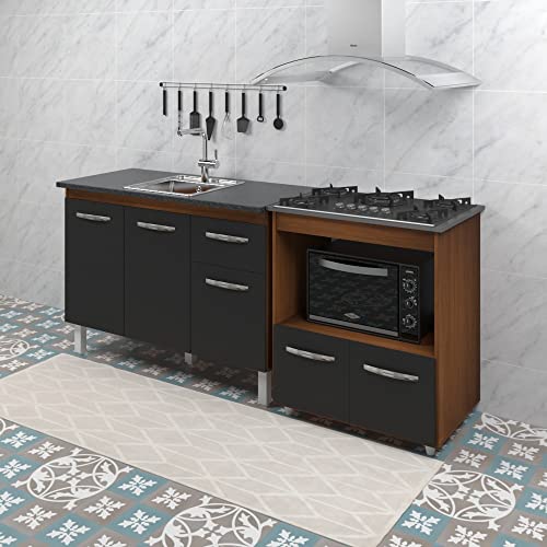 Armário Gabinete pia de 120 cm com Balcão Cooktop 5 Bocas e Forno Savana frente preta