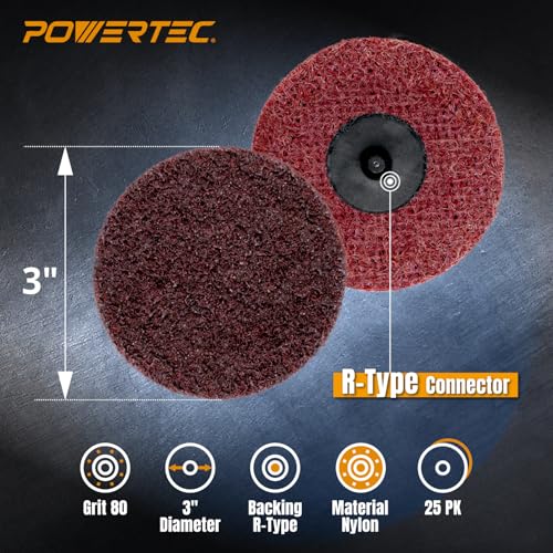 Image of POWERTEC 3-Inch Sanding Discs for Die Grinder & Power Drill - 25pcs Quick Change Type R Discs, 80 Grit Aluminum Oxide Non-Woven Nylon Surface Conditioning Pads for Metal, Wood & Paint Removal (11402)
