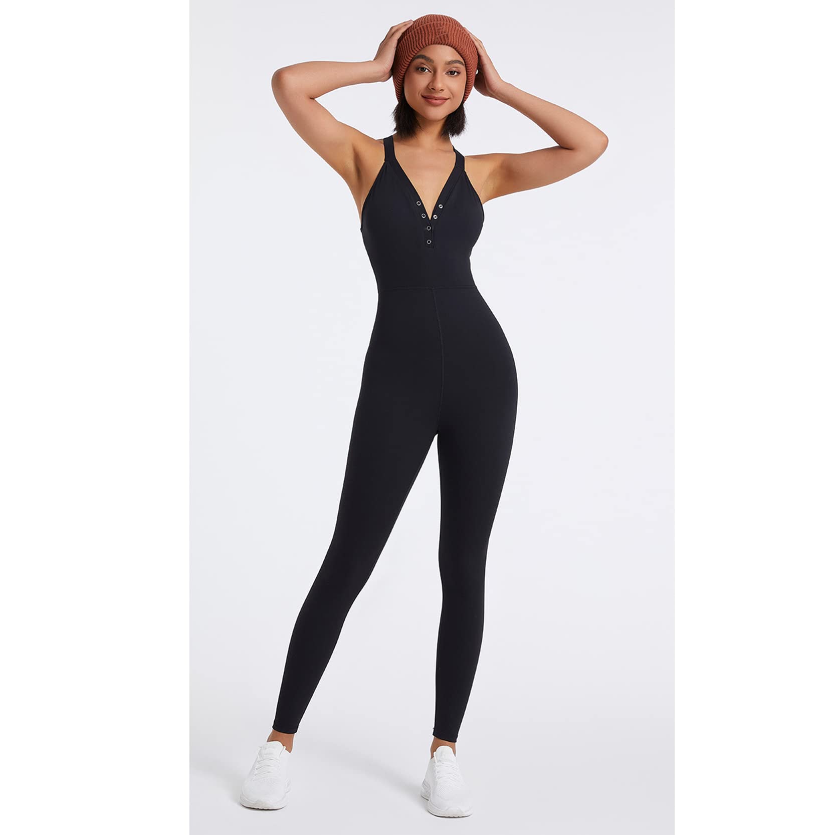 Mono deportivo de yoga de una pieza para mujer negro,Mono sin mangas con escote en V y espalda de belleza,Ropa de gimnasio todo en uno,Jumpsuit Estiramiento transpirable