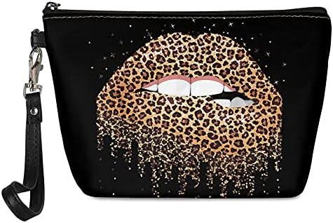 Poceacles Leopard Lip Print Toiletry Makeup Organizer Bag, Lightweight Travel Pu Leather Makeup Case with Wrist Strap, Girls Ladies Coin Purse