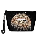 Poceacles Leopard Lip Print Toiletry Makeup Organizer Bag, Lightweight Travel Pu Leather Makeup Case