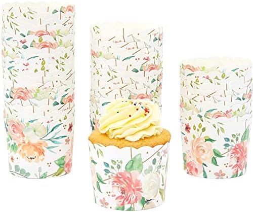 50 Pack Floral Cupcake Wrappers for Wedding, Watercolor Flower Paper Baking Cups and Muffin Liners for Tea Party (2.25 x 2.75 In)