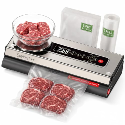 Sehstar VS6601M stainless steel vacuum sealer with a digital food scale platform on the lid and built-in bag cutter