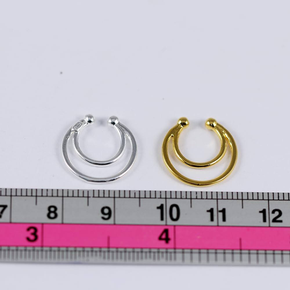 Twin Circle Horseshoe Style 925 Sterling Silver Hoop Clip on Fake Septum Nose Rings Non Piercing Lip Ear Ring Faux Body Piercing Jewelry