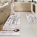 Arttown Farmhouse Anti-Fatigue Kitchen Rug Set of 2, Waterproof Non-Slip PVC Foam Cushioned Mats, Brown Grey Vintage Heart Home Style