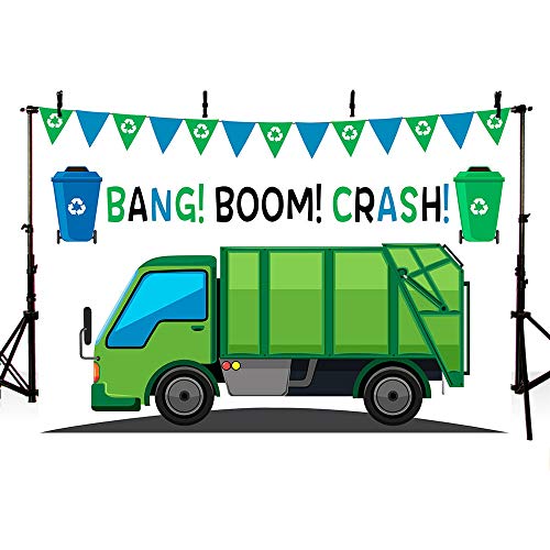 MEHOFOND ゴミ箱 トラック バースデーパーティー バックドロップ 小道具 男の子 バンブーム クラッシュダンプ すべてのお祝いに 誕生日写真 グリーンとブルーの背景 フォトバナー ケーキテーブル用品 7x5フィート（Amazon）