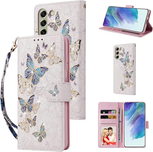 UEEBAI Wallet Case for Samsung Galaxy S24 Plus 5G, PU Leather Phone Case Kickstand RFID Blocking Flip Case Card Slots Wrist Strap Relief Engraved Pattern Magnetic Closure Folio Case - Blue Butterfly