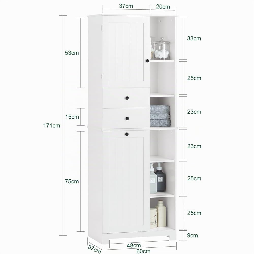 SoBuy Mobile Bagno con Cesto per Linge Mobile Rangemento Alto Armadio Bagno con 6 Ripiani e 2 Cassetti Mobiletto Salvaspazio Bianco 60x37x171 cm BZR104-W