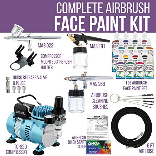 Master Airbrush Professional Airbrushing System Kit - 3 Airbrushes, 16 Color Water-Based Face & Body Art Paint Set, Cool Runner Ii Dual Fan Air Compressor - Washable Temporary Tattoo, How To Guide #TOP1