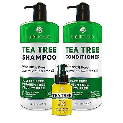BELLISSO Tea Tree Oil Shampoo, Conditioner Set, and Serum - Sulfate Free, Hydrating, Soothing for Itchy Scalp, Dry Hair, Dandruff, All Hair Types, Fight Damage, Color Treated - 3 Count