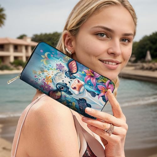 Image of RFID Blocking Leather Wallet for Women - Large Capacity Zip Around Clutch with 8 Card Slots,7 Cash Pockets & Coin Zipper,Watercolor Cow