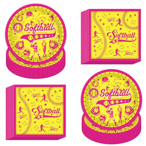 80 Pcs Softball Party Plates and Napkins for 40 Guests Softball Party Supplies Disposable Tableware Set Pink & Yellow Sports Paper Plates Napkins for Birthday Baby Shower, Sports Theme Party Supplies