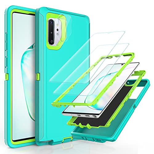 YmhxcY Note 10 Plus Case with Self Healing Flexible TPU Film[2 Pack] and Camera Lens Screen Protective Film[2 Pack], Heavy Protection Cover for Galaxy Note 10 Plus-Aqua Blue/Lime Green