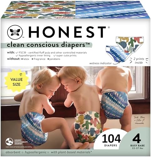 The Honest Company Clean Conscious Diapers | Plant-Based, Sustainable | Tie-Dye for + Cactus Cuties | Super Club Box, Size 4 (22-37 lbs), 104 Count