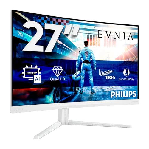 Philips Gaming Monitor 27M2C5501 27 pollici, Curvo, 2560x1440, WQHD, 180Hz, Fast VA Panel, 0.5ms MPRT, , (HDMI2x 2.0 DP 1x 1.4) Adaptive Sync, HDR10, FreeSync Premium, Bianco