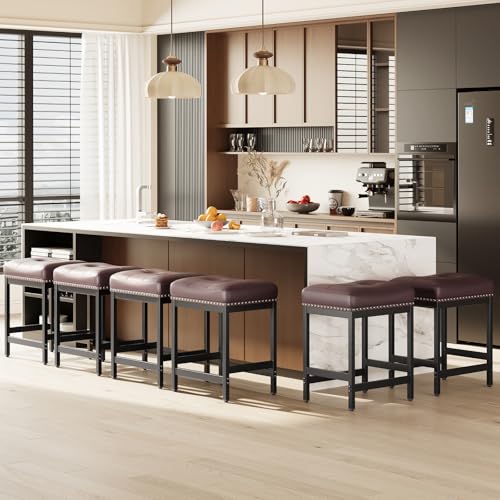 Image of MALOL Saddle Bar Stools Set of 6, 24 Inch Counter Height Backless Barstools - PU Leather Cushioned Seat, Metal Base & Footrest, Kitchen Island Breakfast Bar Chairs, Modern Brown