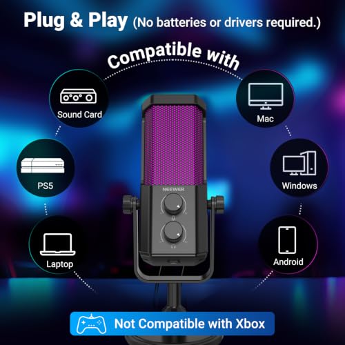 Image of NEEWER UM01 AI Noise Canceling USB Microphone, Plug & Play Cardioid RGB Condenser Mic Mute /Music Sync /App Control for Android Windows PC Mac PS4 /5 Gaming Recording Streaming Podcasting Studio Computer