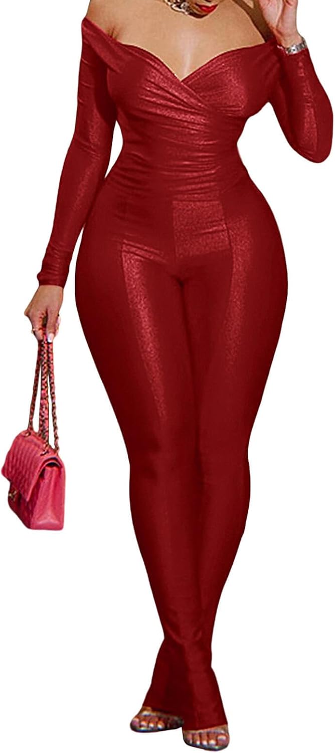 acelyn 2 Piece Outfits for Women Sexy Off Shoulder Tops Bodycon Flared Pant Sets Club Outfits Tracksuit