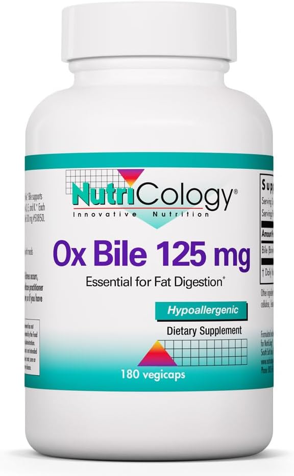 Nutricology Ox Bile 125 mg - Supports Fat Digestion - Delivers 125 mg Concentrated Bile Salts per Serving - Hypoallergenic & Vegetarian - 180 Servings - 180 Capsules