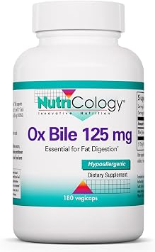 Nutricology Ox Bile 125 mg - Supports Fat Digestion - Delivers 125 mg Concentrated Bile Salts per Serving - Hypoallergenic & Vegetarian - 180 Servings - 180 Capsules