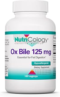 Nutricology Ox Bile 125 mg - Supports Fat Digestion - Delivers 125 mg Concentrated Bile Salts per Serving - Hypoallergenic & Vegetarian - 180 Servings - 180 Capsules