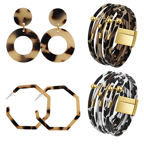 Hicarer 6 Pieces Leopard Tube Bracelets Leopard wrap Bracelet Multilayer Leather Bracelet Bohemia Leopard Earrings for Women Girls