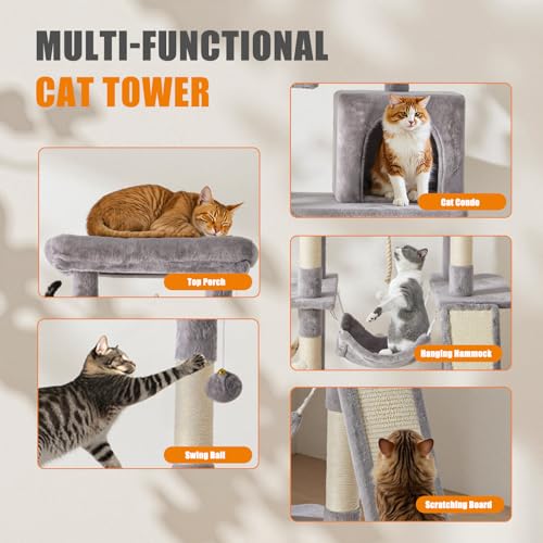 Image of Sweetcrispy 63 inch Cat Tree Tower, Large Multi Level Cat Climbing Tower with Condo, Natural Sisal Scratching Posts, Extended Platform, Hammock, Pet House for Indoor Cats and Kittens Play, Grey