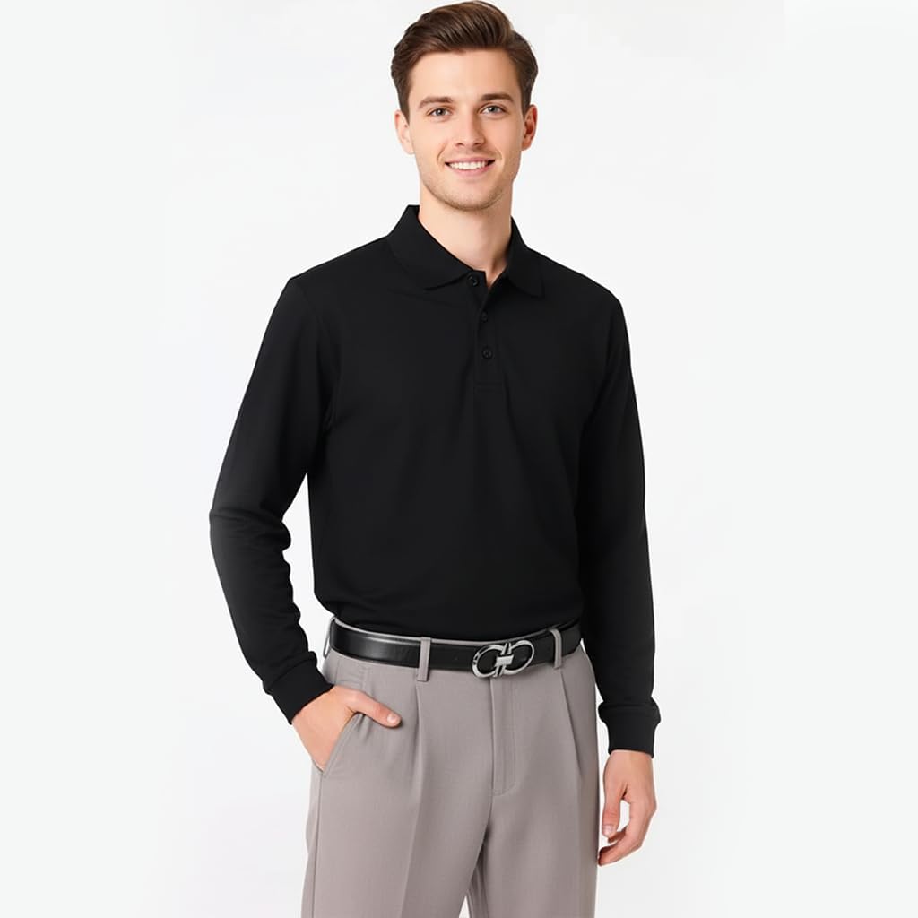 Men’s Performance Polo Shirt, Comfortable Poly/Cotton Pique Long Sleeve Polo Shirt, S-6XL - Image 2