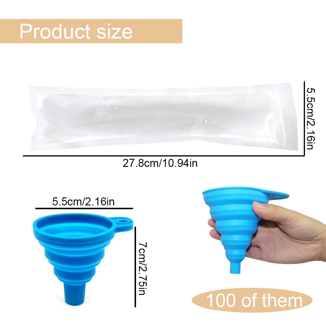 100 Stück BPA-frei Popsicle Taschen, Popsicle Formen Beutel, Eis Pop Beutel mit einem Trichter für Joghurt, Eisbonbons, Eiscreme, Gastgeschenke (5 x 22 cm)