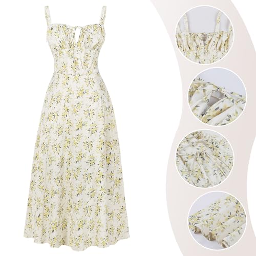 Image of Women Floral Corset Dress 2026 Boho Midi Sundress Summer Dress | Flowy A-Line Dress with Adjustable Spaghetti Straps Lace Up Back Front Slit High Waist for Vacation Wedding Guest