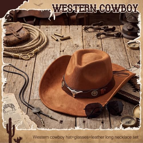 Image of Mepase 18 Pcs Cowboy Hat with Bolo Tie Sunglasses Rodeo Western Costume Accessories for Men Women Cosplay Halloween Party