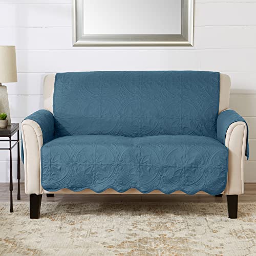 Image of Great Bay Home Reversible Loveseat Cover - Washable Slipcover Furniture Protector with Elastic Straps - Perfect for Kids & Pets - Quilted & Stitched Detail (Smoke Blue /Ivory)