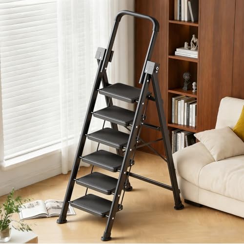 Image of 6 Step Ladder, Retractable Handgrip Folding Step Stool with Anti-Slip Wide Pedal, Carbon Steel Step Stool Ladders for Adult,Safety Household Ladder for Kitchen,Home,Office&Garage
