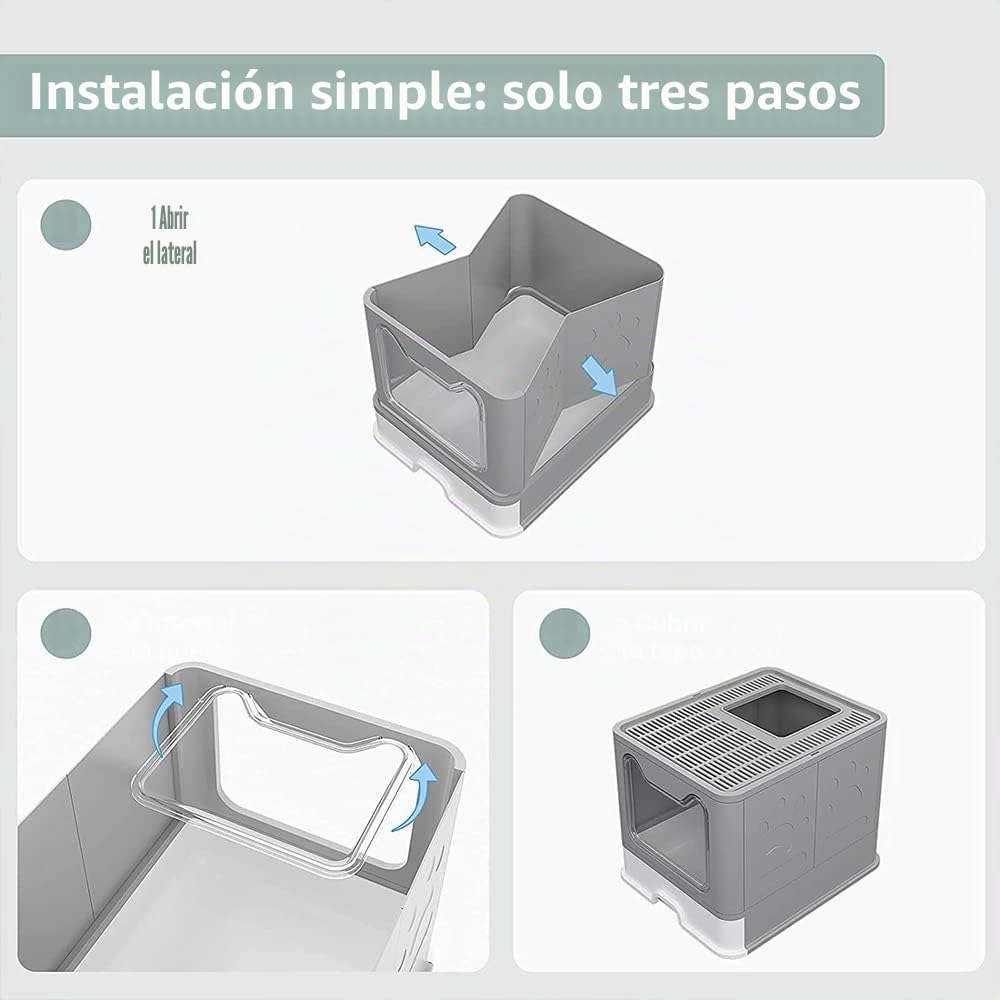 Arenero Gatos Cubierto Cajon: Arenero para Gatos Grande Cerrado Caja de Arena Plegable Cagadero Gato sin Olores con Pala y Filtro-51 * 41 * 38cm-Gris